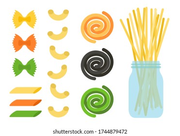Diversos tipos de pasta seca de diseño plano ilustración vectorial.