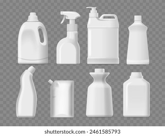 Assortment Of Eight White Plastic Detergent Bottles In Different Shapes And Sizes Isolated On Transparent Background