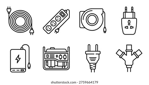 Assortment of electrical power equipment featuring coiled extension cord, multi-outlet power strip, cable reel, travel adapter, power bank, generator, plug, and splitter.