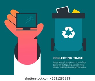 Sortimento de resíduos eletrônicos em caixote especial. Mão jogando lixo na cesta. Conceito de reciclagem. Recipiente de reciclagem com lixo triado e trituração. Ilustração de vetor plano.
