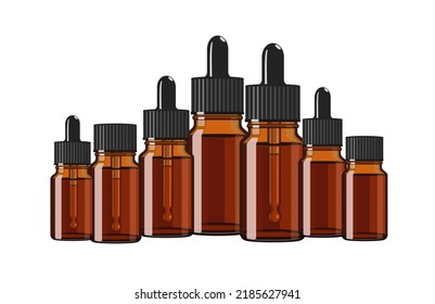 Assortment of essential oil bottles, made of brown glass, vector illustration isolated on white background