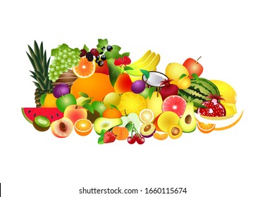 Assortment of exotic fruits. Vector color illustration isolated on white background