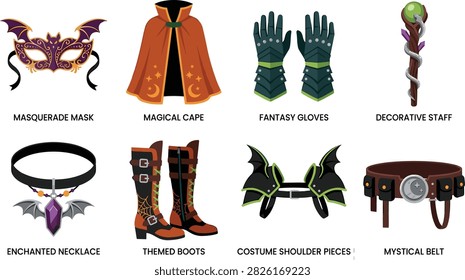 An assortment of fantasy and gothic costume elements, including a bat mask, wizard cape, armored gloves, and magical weapons. This clean vector illustration set is perfect for Halloween party promotions, gaming character assets, and theatrical design projects.