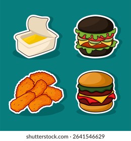 Assortment of Fast Food Stickers on Blue Background