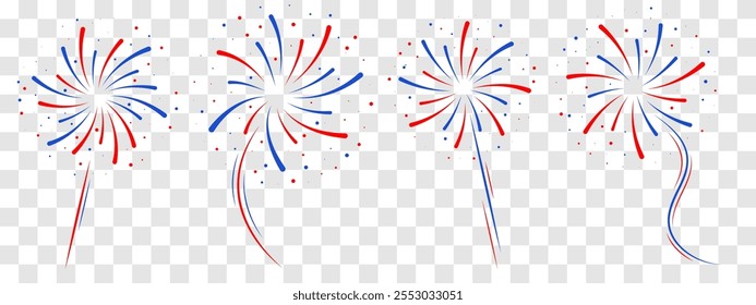 An assortment of fireworks featuring red and blue dots with shimmering sparks, on a transparent backdrop. Ideal for banners, greeting cards, and creative designs with a festive touch.