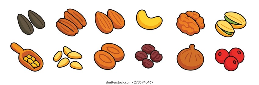 Assortment of Flat Design Icons of Nuts and Seeds cashew almond