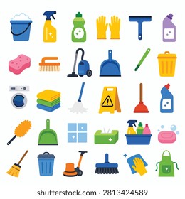 Assortment of flat design icons representing common household items and tools