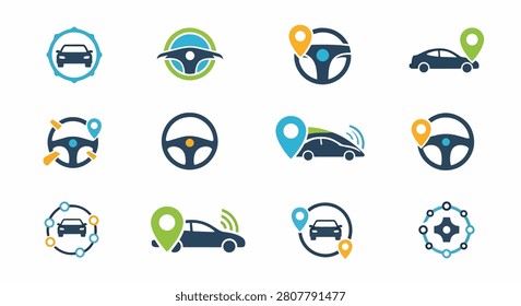 Assortment of flat design vehicle symbols in bright colors isolated on white