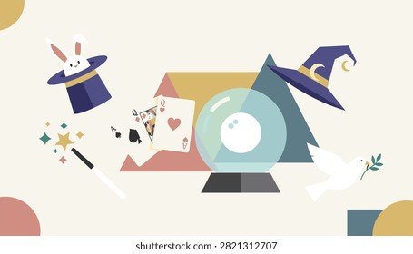 Assortment of floating magic show props including a crystal ball playing cards wizard hat magic wand and a dove.