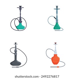 Assortment of four colorful hookahs in a clean vector style, ideal for diverse design needs