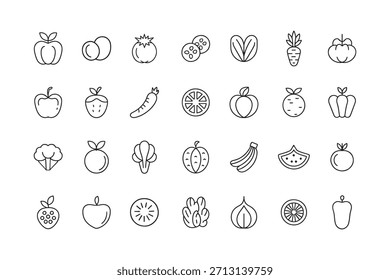 Sortimento de frutas frescas e vegetais ícones de maçã morango