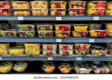 Assortment of fresh fruits and vegetables in plastic containers on supermarket shelf