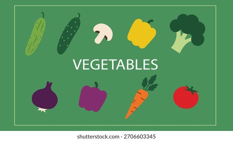 Surtido de verduras frescas de jardín sobre un fondo verde vibrante