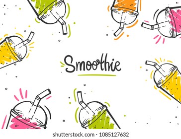 Assortment of fresh organic Smoothie or detox with straws in hand draw style