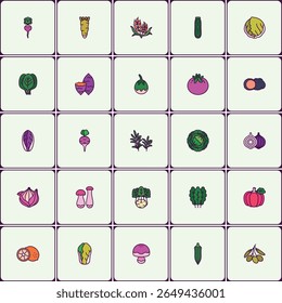 Uma variedade de ícones de produtos frescos, vegetais e frutas em estilo bonito