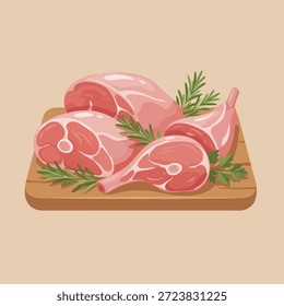 Sortiment frischer, roher Fleischstücke inklusive Steaks und Koteletts, garniert mit Rosmarinfedern auf einem rustikalen Holzbrett.