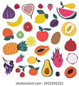 Assortment of fresh ripe fruits and berries. Lemon and pineapple, apples and avocado, banana and pitaya. Melon and grapes, pomegranate and pear, strawberry and tangerine. Vector in flat style