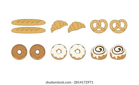 Assortment of freshly baked sweet bakery goods including baguettes, croissants, pretzels, donuts, and cinnamon rolls.