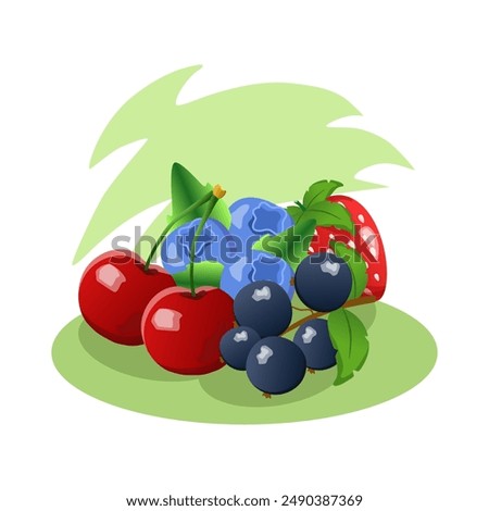Assortment of freshly picked berries lying on green leaves with a green background