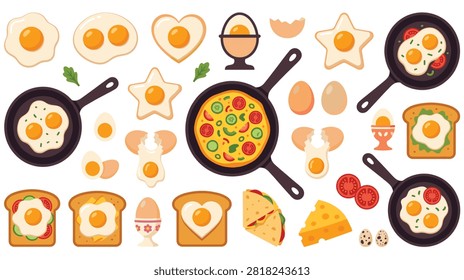Assortment of fried eggs, omelets, and toast. Breakfast meal items including vegetables and cheese. Eggs cooked in pans.