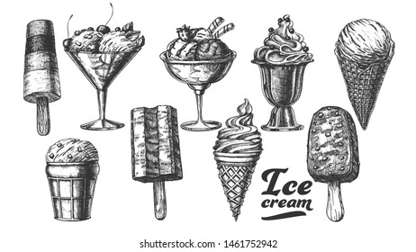 Assortment Frozen Ice Cream Set Vintage Vector. Wafer Cone, Caramel Eskimo Or Chocolate Glaze Sundae With Nuts, Whipped Cream And Fruit Concept. Designed Template Black And White Illustrations