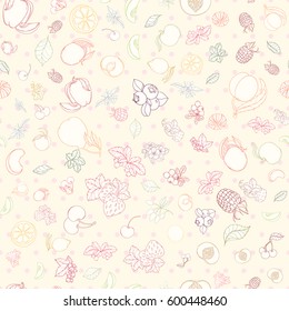 Assortment fruit seamless pattern for wallpaper, website or textile printing Hand drawn endless illustration of apple, apricot, berries, grapefruit, orange, peach, pear, strawberry on light background