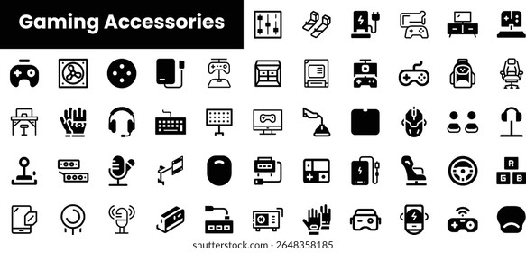 An assortment of gaming accessories including controllers, headsets, and more, designed in a sleek black and white vector style. Perfect for tech enthusiasts.