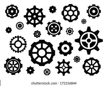 Assortment of Gears in different sizes and black.