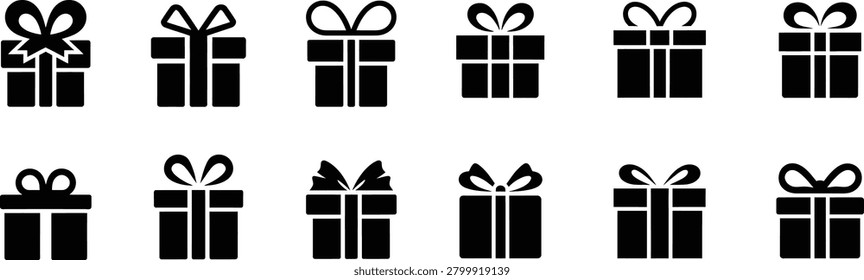 Assortment of gift box symbols with different ribbon and bow designs. Present icons, packaging, celebration elements. Vector graphics for holiday or special occasion themes on a grid.