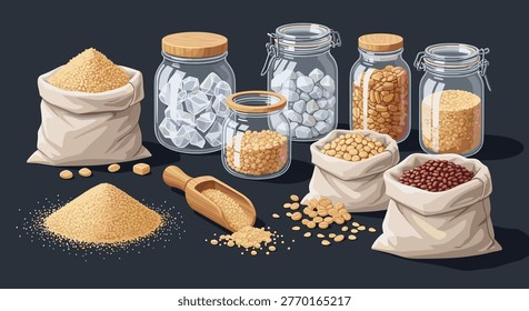 Assortment of glass jars and burlap sacks filled with various grains, seeds, and pulses for a healthy kitchen display.