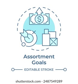 Assortment goals soft blue concept icon. Marketing strategy objectives. Revenue growth. Profitability. Round shape line illustration. Abstract idea. Graphic design. Easy to use in presentation