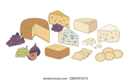 Assortment of gourmet cheeses including brie and cheddar accompanied by fresh grapes, figs, and crispy crackers on a clean white background.