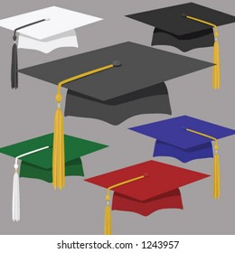 Assortment of graduation caps & tassles, from stately black or classic white to crimson or royal blue. Each on its own layer, for easy use and editing. Pure vector, no CS effects used.