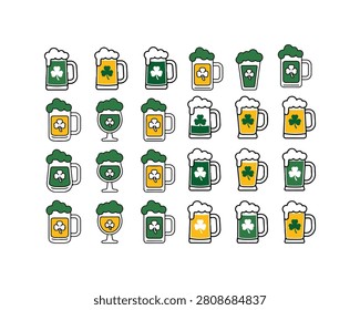 Assortment of Green Beer Mugs and Glasses with Shamrocks for St Patricks Day Celebration on White