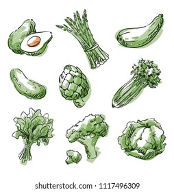 Assortment Of Green Foods, Fruit And Vegtables, Vector Sketch