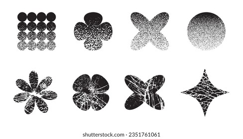 Assortment of grunge vector sticker icons showcasing diverse geometric shapes with a black and white halftone stipple effect.