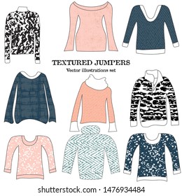 Assortment of grungy textured jumpers. Vector clip art illustration bundle. Great for blogging, scrapbook, invitations, posters.