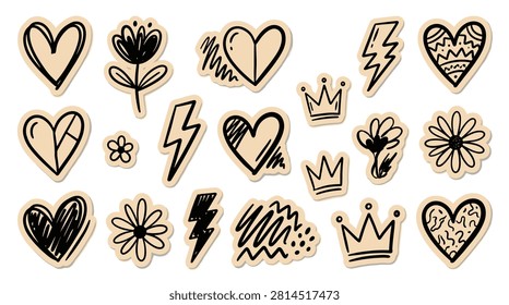 Assortment of hand drawn doodle elements on paper craft stickers. Includes various hearts, elegant crowns, striking lightning bolts, and delicate flowers, all featuring a distinct black outline style. Great for creative projects.
