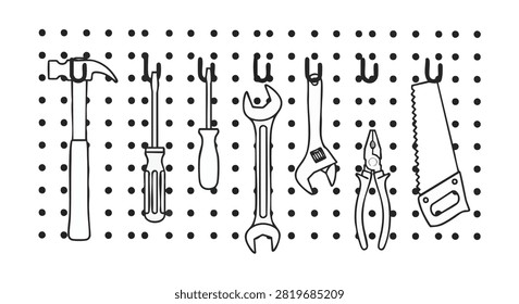 Assortment Of Hand Tools Hanging On A Pegboard Wall With A White Background Industrial Workshop Scene