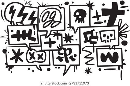 Assortment of hand-drawn abstract speech bubbles and symbols conveying dynamic communication and self-expression in a simple yet striking modern doodle style artwork.