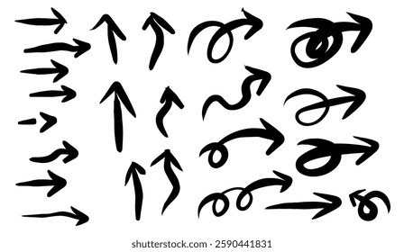 Assortment of Hand-Drawn Arrow Designs in Black Ink Illustrating Various Directions, Movement, and Creative Pathways on a White Background