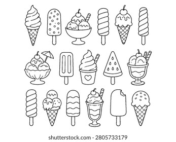 Assortment of hand-drawn ice cream cones, popsicles, ice cream bowls, and cups. Sweet summer treats.