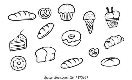 Uma variedade de ícones desenhados à mão de pastelaria, pão e rabiscar de sobremesa em estilo de contorno
