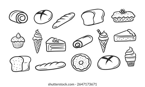 Uma variedade de ícones desenhados à mão de pastelaria, pão e rabiscar de sobremesa em estilo de contorno