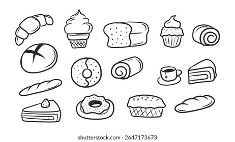 Uma variedade de ícones desenhados à mão de pastelaria, pão e rabiscar de sobremesa em estilo de contorno