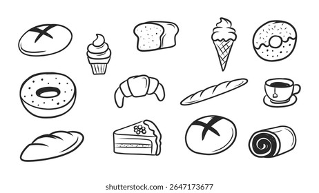 Uma variedade de ícones desenhados à mão de pastelaria, pão e rabiscar de sobremesa em estilo de contorno