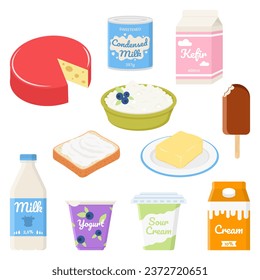 Assortment of healthy dairy products on white background