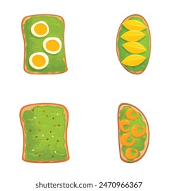 Assortment of healthy and delicious toppings for toast. Including avocado. Eggs. Banana. And guacamole. Perfect for a nutritious and gourmet breakfast or brunch option