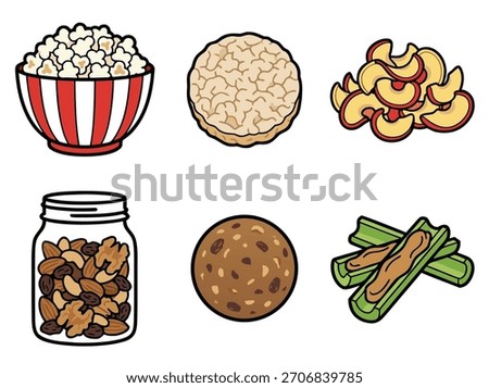 Assortment of healthy snacks including popcorn, rice cakes, cashew chips, trail mix, energy balls, and celery sticks with nut butter.