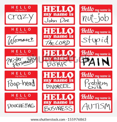 An assortment of Hello my name is temporary sticker lapel badges that are editable in vector format.